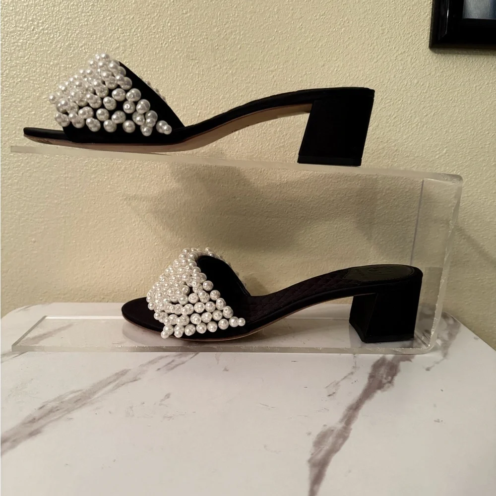Tory Burch Black Sandal Heels with Pearl Fringe